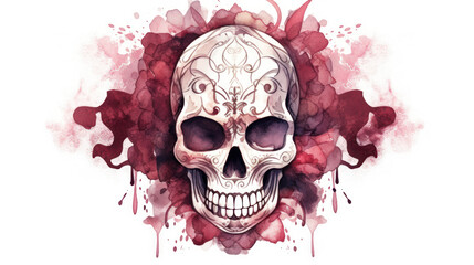 Fototapeta premium Watercolor painting in shades of dark maroon of a sugar skull or Mexican catrina. Day of the Dead