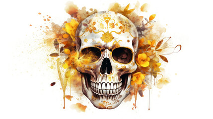 Watercolor painting in shades of dark yellow of a sugar skull or Mexican catrina. Day of the Dead