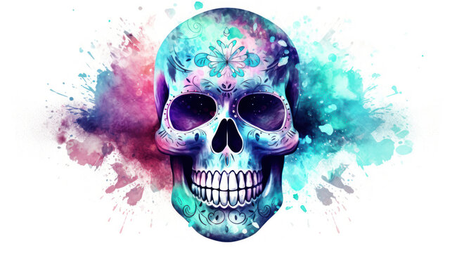 Watercolor painting in shades of aqua of a sugar skull or Mexican catrina. Day of the Dead