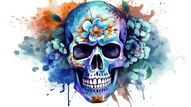 Watercolor painting in shades of azure of a sugar skull or Mexican catrina. Day of the Dead
