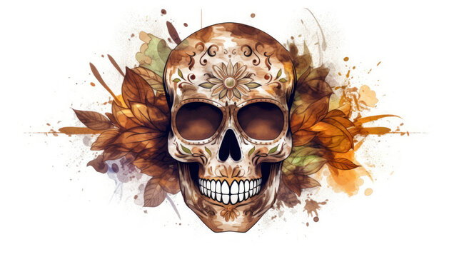 Watercolor painting in shades of dark brown of a sugar skull or Mexican catrina. Day of the Dead