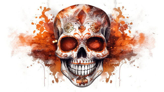 Watercolor painting in shades of dark orange of a sugar skull or Mexican catrina. Day of the Dead