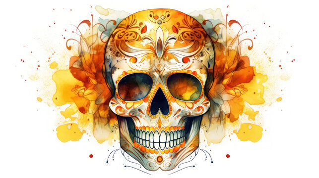 Watercolor painting in shades of dark yellow of a sugar skull or Mexican catrina. Day of the Dead