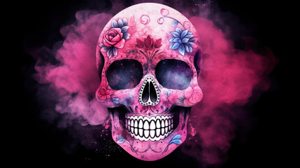 Watercolor painting in shades of dark pink of a sugar skull or Mexican catrina. Day of the Dead