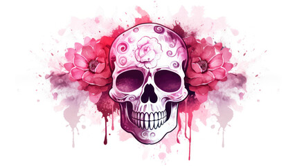 Watercolor painting in shades of dark pink of a sugar skull or Mexican catrina. Day of the Dead