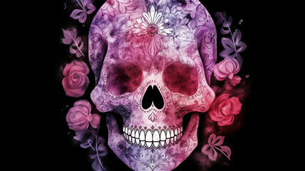 Watercolor painting in shades of dark pink of a sugar skull or Mexican catrina. Day of the Dead