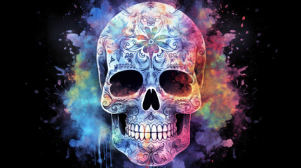Watercolor painting in shades of light black of a sugar skull or Mexican catrina. Day of the Dead