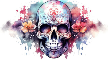 Watercolor painting in shades of light black of a sugar skull or Mexican catrina. Day of the Dead