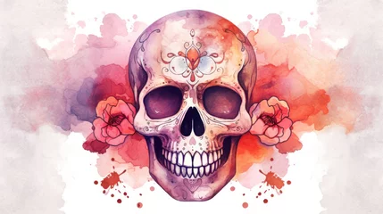 Photo sur Plexiglas Crâne aquarelle Watercolor painting in shades of light red of a sugar skull or Mexican catrina. Day of the Dead