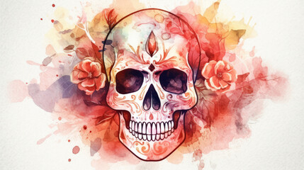 Watercolor painting in shades of light red of a sugar skull or Mexican catrina. Day of the Dead