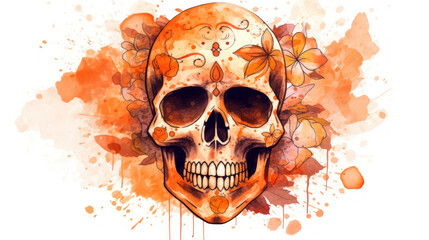 Watercolor painting in shades of light orange of a sugar skull or Mexican catrina. Day of the Dead