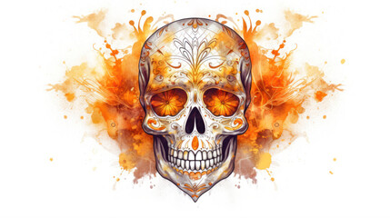 Watercolor painting in shades of light orange of a sugar skull or Mexican catrina. Day of the Dead