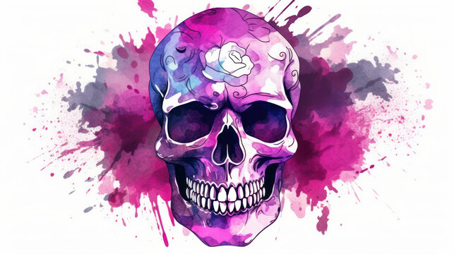 Watercolor painting in shades of dark magenta of a sugar skull or Mexican catrina. Day of the Dead