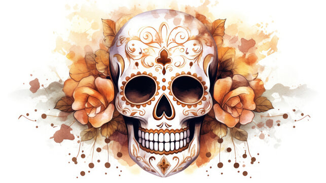 Watercolor painting in shades of light brown of a sugar skull or Mexican catrina. Day of the Dead