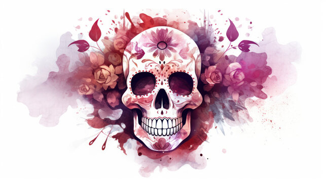 Watercolor painting in shades of light maroon of a sugar skull or Mexican catrina. Day of the Dead