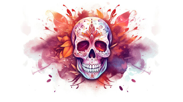 Watercolor painting in shades of light maroon of a sugar skull or Mexican catrina. Day of the Dead