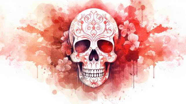 Watercolor painting in shades of light red of a sugar skull or Mexican catrina. Day of the Dead