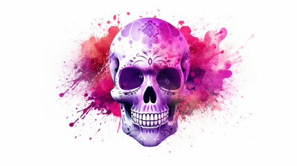 Watercolor painting in shades of light magenta of a sugar skull or Mexican catrina. Day of the Dead