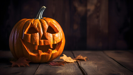 Halloween pumpkin head jack lantern on wooden table