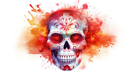 Watercolor painting in shades of vivid red of a sugar skull or Mexican catrina. Day of the Dead