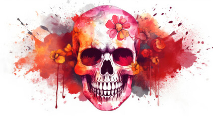 Watercolor painting in shades of vivid red of a sugar skull or Mexican catrina. Day of the Dead