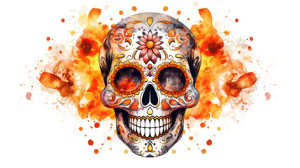Watercolor painting in shades of vivid orange of a sugar skull or Mexican catrina. Day of the Dead