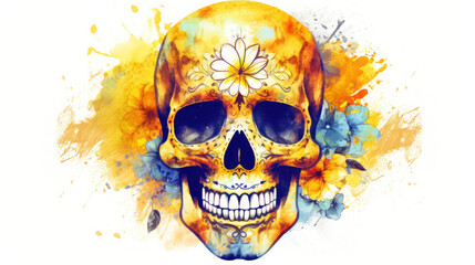 Watercolor painting in shades of vivid yellow of a sugar skull or Mexican catrina. Day of the Dead