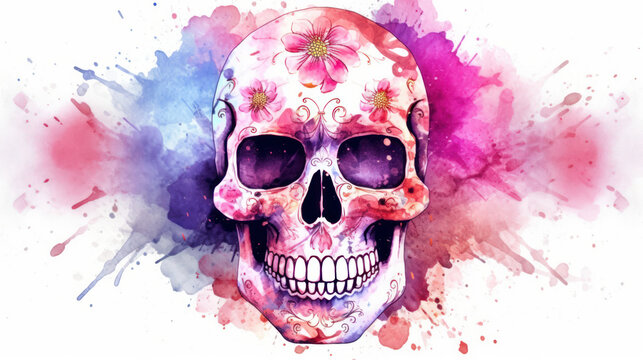 Watercolor painting in shades of light pink of a sugar skull or Mexican catrina. Day of the Dead