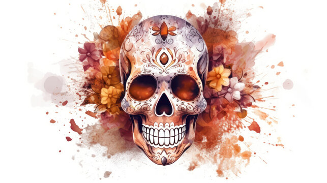 Watercolor painting in shades of vivid brown of a sugar skull or Mexican catrina. Day of the Dead