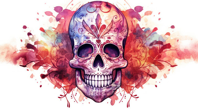 Watercolor painting in shades of vivid maroon of a sugar skull or Mexican catrina. Day of the Dead