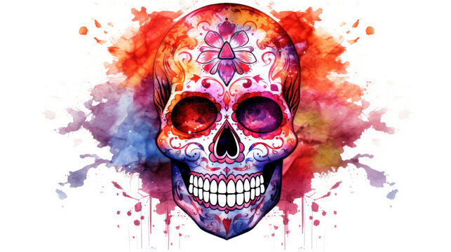 Watercolor painting in shades of vivid red of a sugar skull or Mexican catrina. Day of the Dead