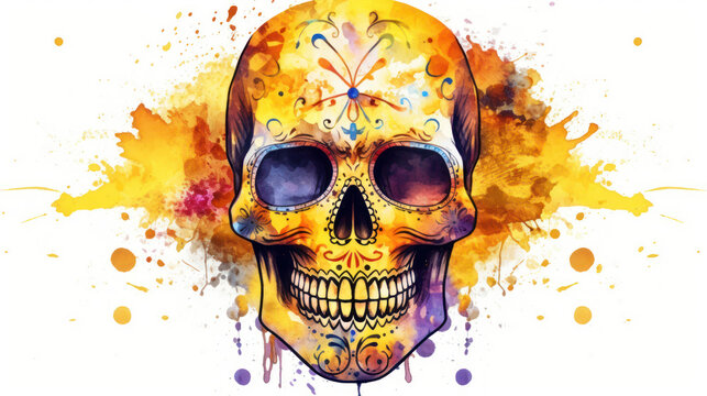 Watercolor painting in shades of vivid yellow of a sugar skull or Mexican catrina. Day of the Dead