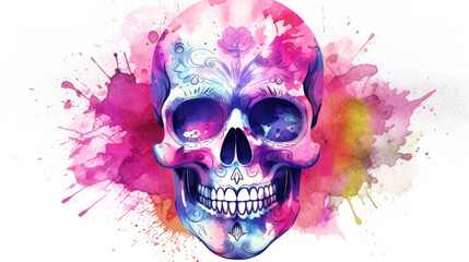 Watercolor painting in shades of vivid pink of a sugar skull or Mexican catrina. Day of the Dead