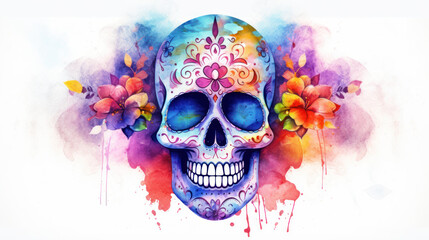 Watercolor painting in shades of colorful of a sugar skull or Mexican catrina. Day of the Dead