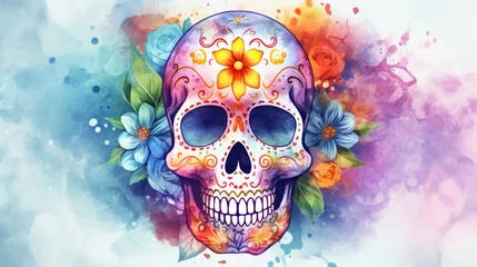 Poster Crâne aquarelle Watercolor painting in shades of colorful of a sugar skull or Mexican catrina. Day of the Dead