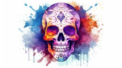 Watercolor painting in shades of colorful of a sugar skull or Mexican catrina. Day of the Dead