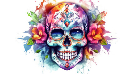 Watercolor painting in shades of colorful of a sugar skull or Mexican catrina. Day of the Dead