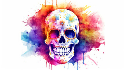 Watercolor painting in shades of colorful of a sugar skull or Mexican catrina. Day of the Dead
