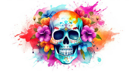 Watercolor painting in shades of colorful of a sugar skull or Mexican catrina. Day of the Dead - obrazy, fototapety, plakaty