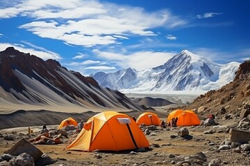 Mountain plateau with tent camp and orange tents for climbers' acclimatization before high-altitude hike. Generative AI