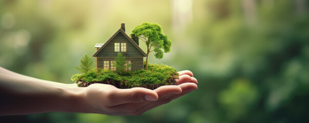 Hand holding eco house as a symbol of eco friendly housing