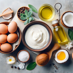 Ingredients for homemade hair mask: eggs, coconut oil and jojoba oil.