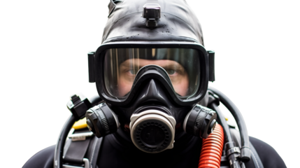 Plongeur en tenue de plongée avec son masque avec transparence, sans background