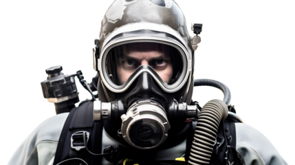 Plongeur en tenue de plongée avec son masque avec transparence, sans background