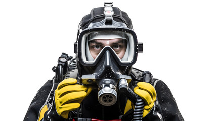 Plongeur en tenue de plongée avec son masque avec transparence, sans background - obrazy, fototapety, plakaty