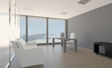 Open space office interior with like conference room. Mockup. 3D rendering.
