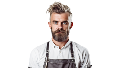 Coiffeur barbier en tenue pour travailler dans un salon de coiffure avec transparence, sans background