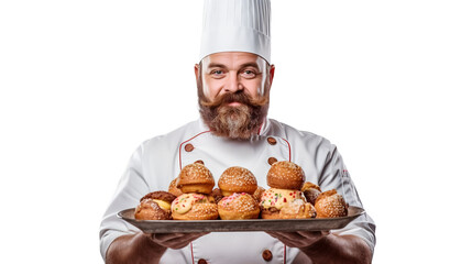 Pâtissier en tenue présente ses pâtisseries sur un plateau avec transparence, sans background