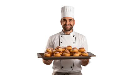 Pâtissier en tenue présente ses pâtisseries sur un plateau avec transparence, sans background