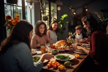 Family gathered around the Thanksgiving table - obrazy, fototapety, plakaty